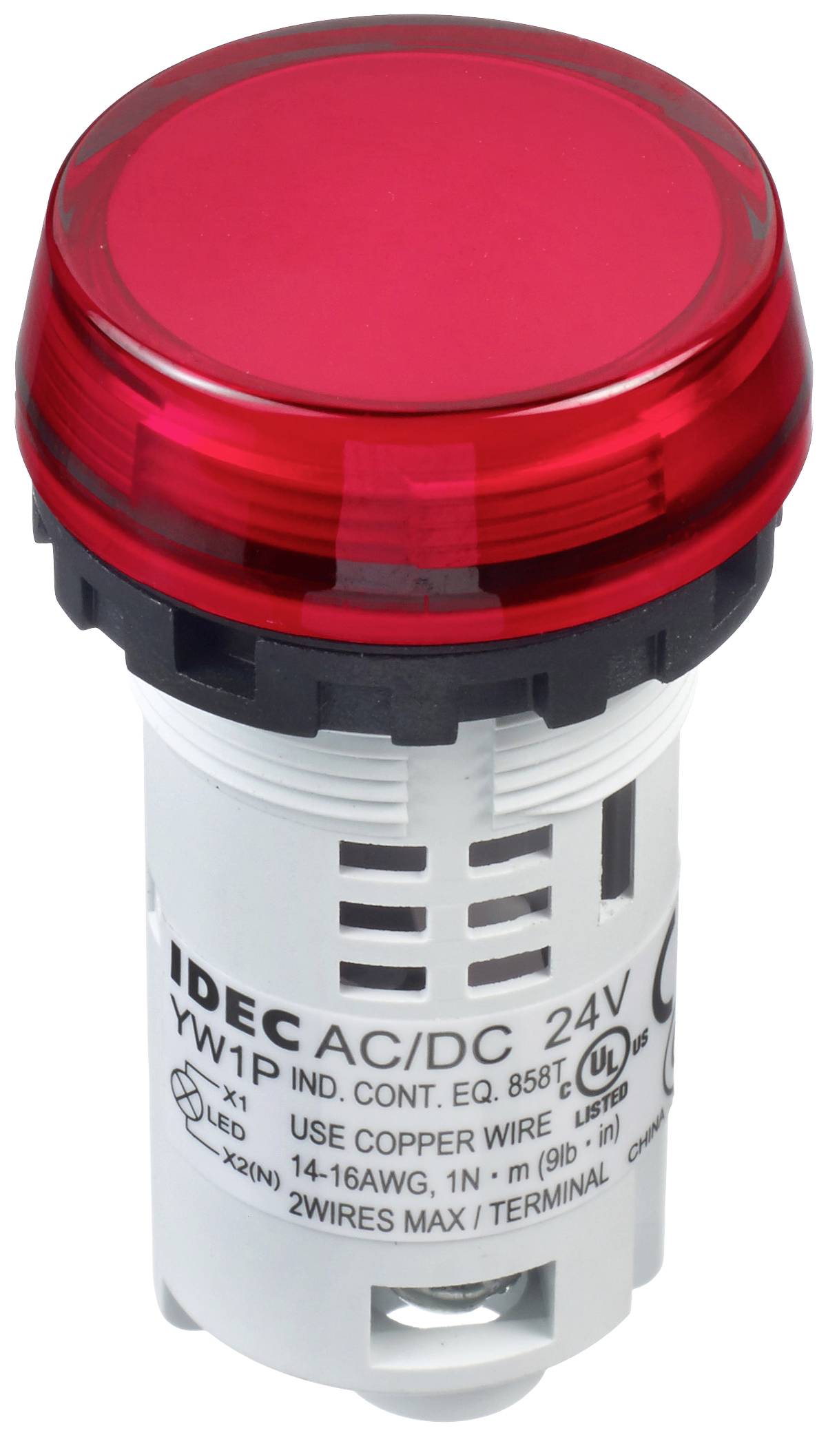 'Red LED push button from IDEC, Model: YW1P, Voltage: AC/DC 24V, for industrial applications, with labelling and connection details.'