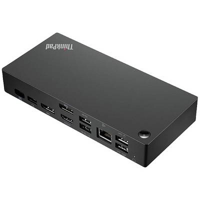 A black ThinkPad docking station with multiple HDMI, USB, and Ethernet ports on the front.