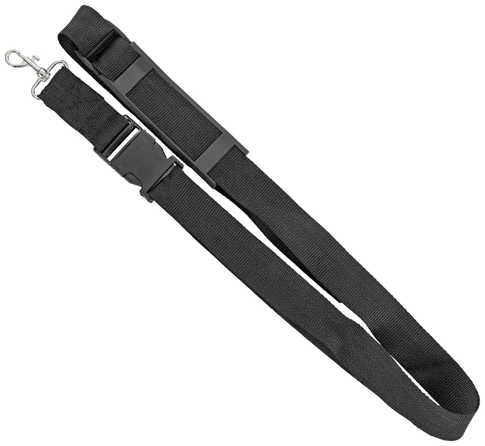 Black safety harness for pets with carabiner hook and adjustable length.