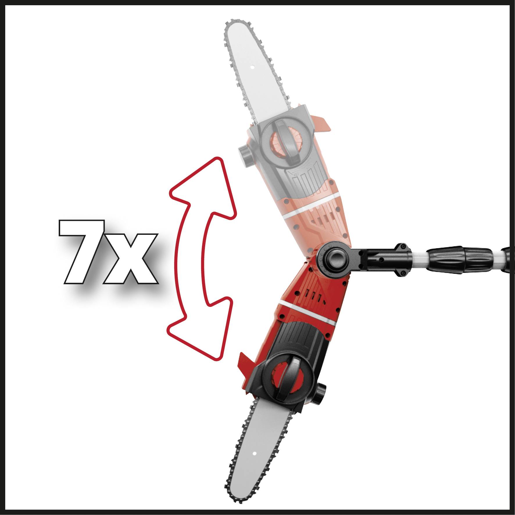 Chainsaw with an adjustable head that can take up 7 positions. A double arrow indicates the direction of movement.