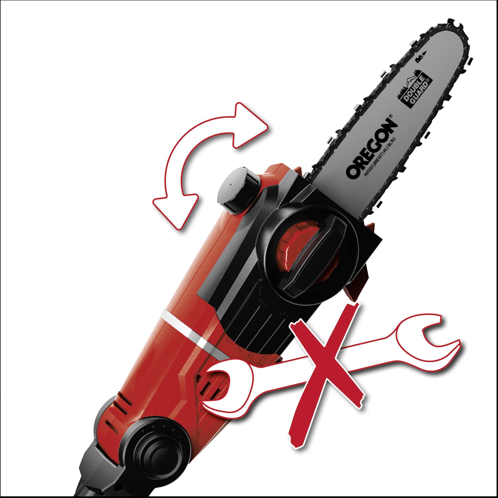 Red electric saw with arrows and tool symbol; shows simple chain adjustment without additional tools.