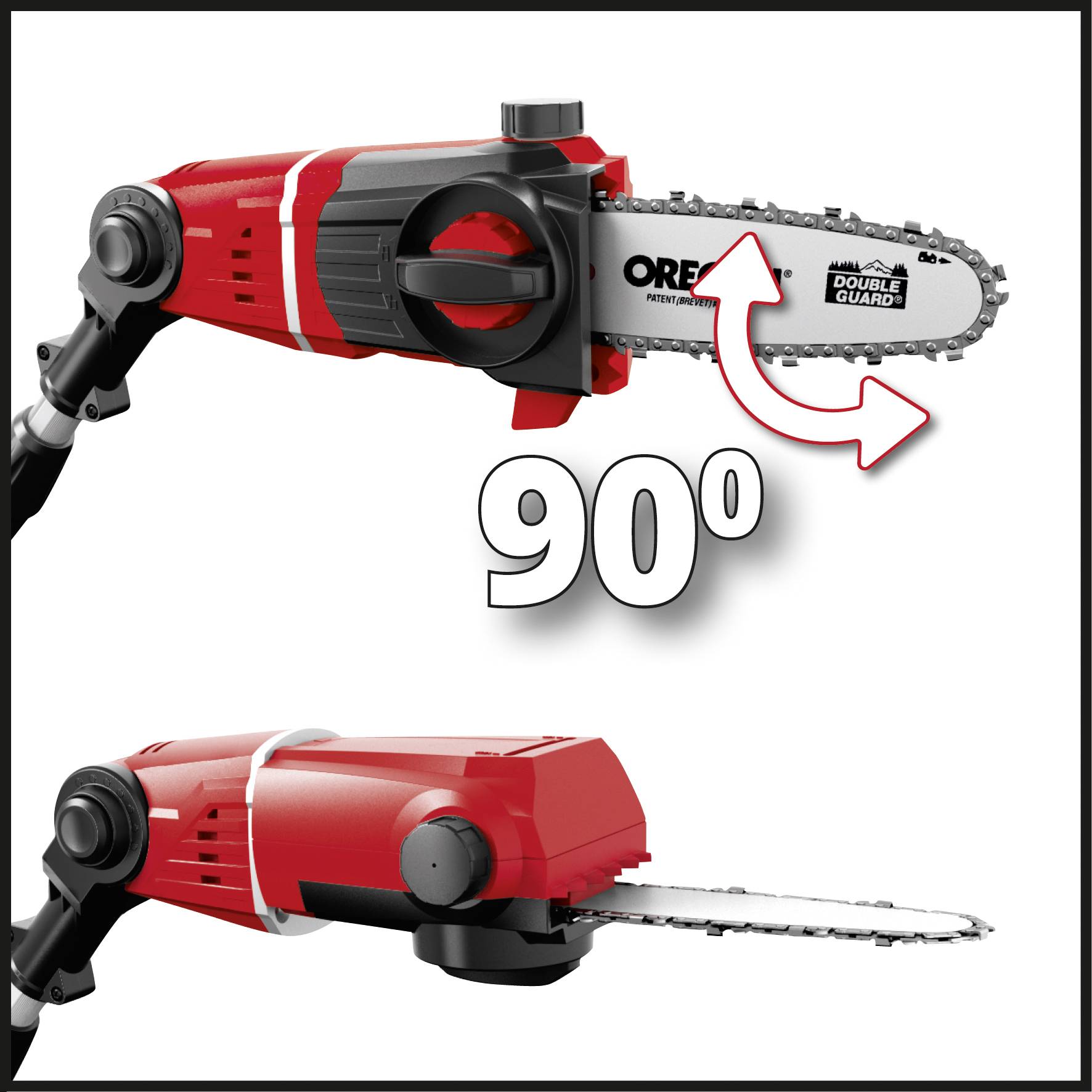 A red, electrically powered chainsaw accessory is shown. The blade can be rotated 90 degrees to enable more flexible working.