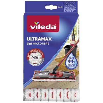 Packaging for Vileda Ultramax 2in1 Microfibre Mop: Displays mop and bucket, emphasising the removal of stubborn dirt and bacteria.