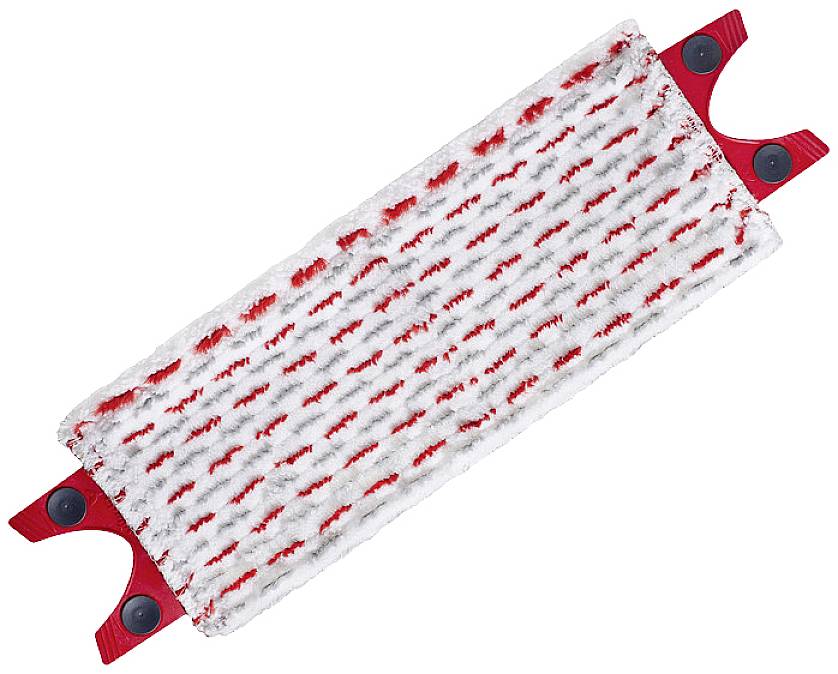 Mop head with red and white stripes for a floor mop, suitable for effectively cleaning and picking up dirt.