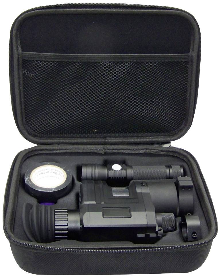 Night vision device in an open, black case with a mesh interior pocket, including accessories such as lens cover and mounting rings.