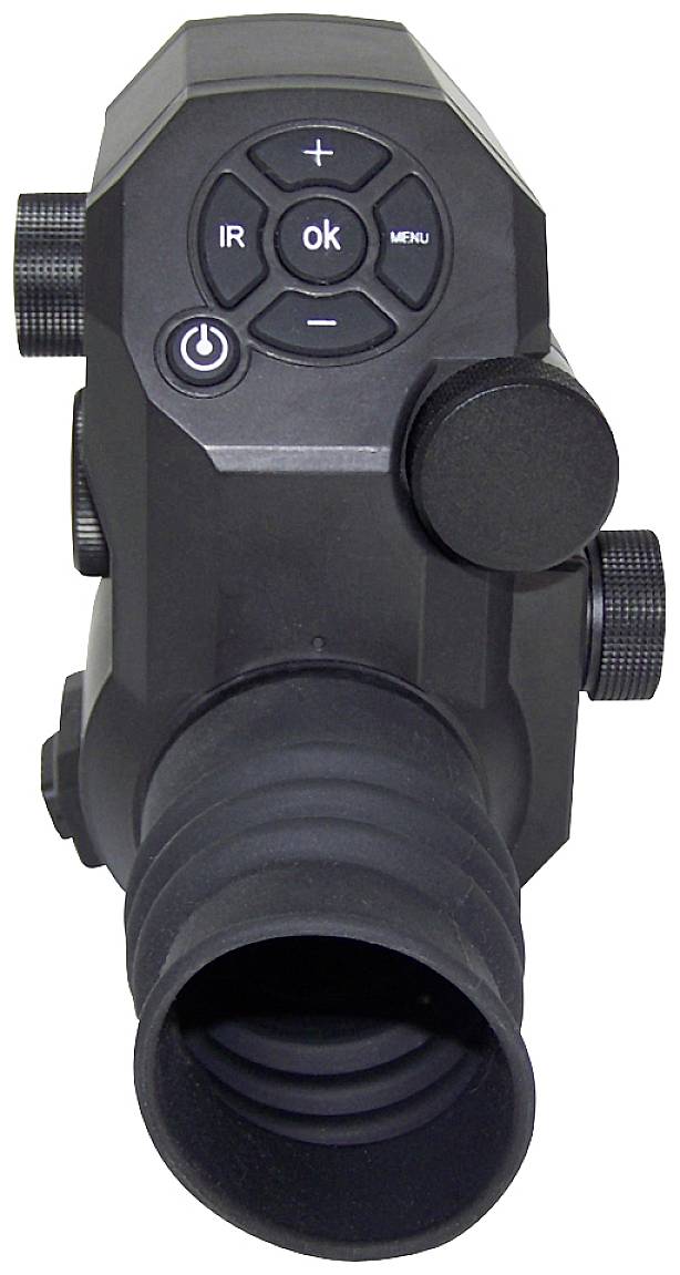 Night vision device with lens, multiple control buttons and eyepiece. Contains buttons for infrared, menu and power on/off.