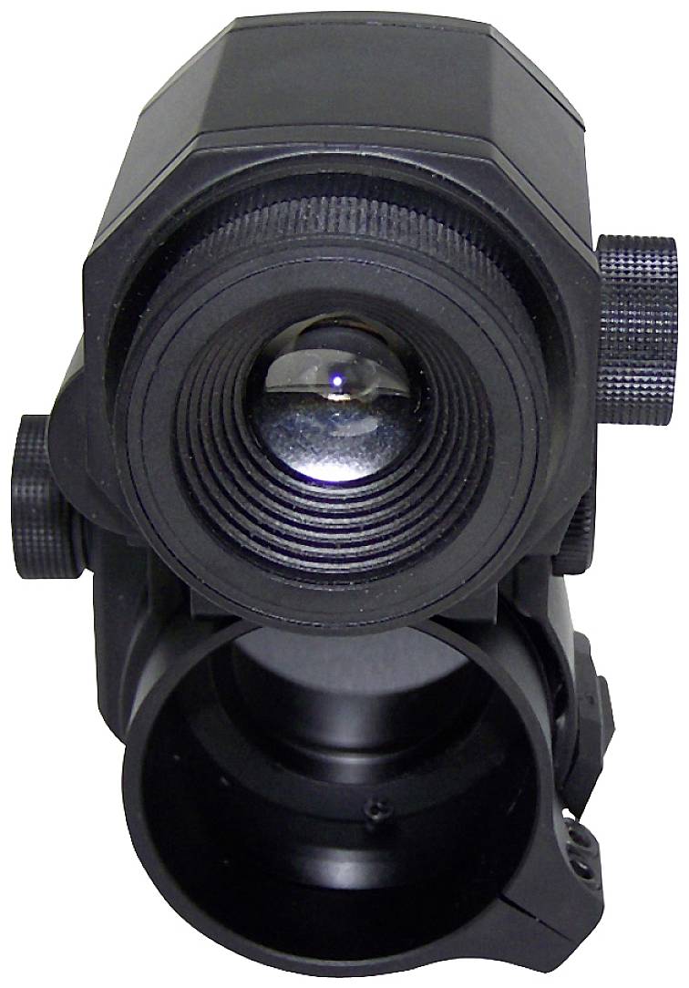 A black, compact optical device with magnification lens and control buttons, possibly a sight or a camera.