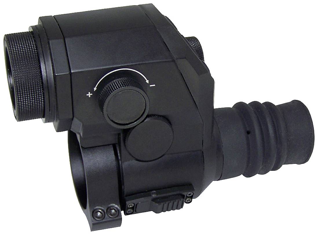 Night vision device in black with rotary knobs and rubber eyepiece.