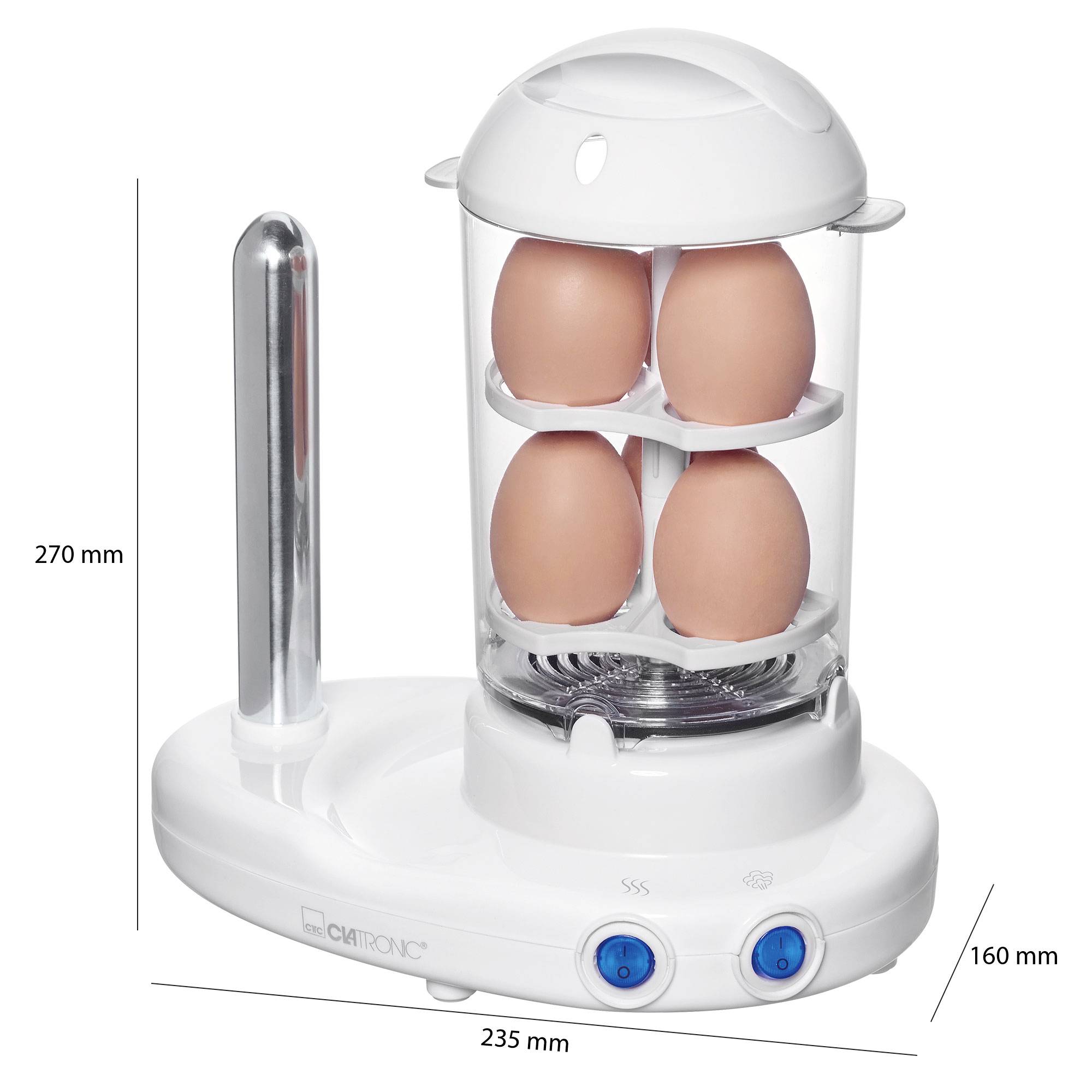 White egg cooker with transparent container, holds four eggs. Dimensions: Height 270 mm, Width 235 mm, Depth 160 mm.