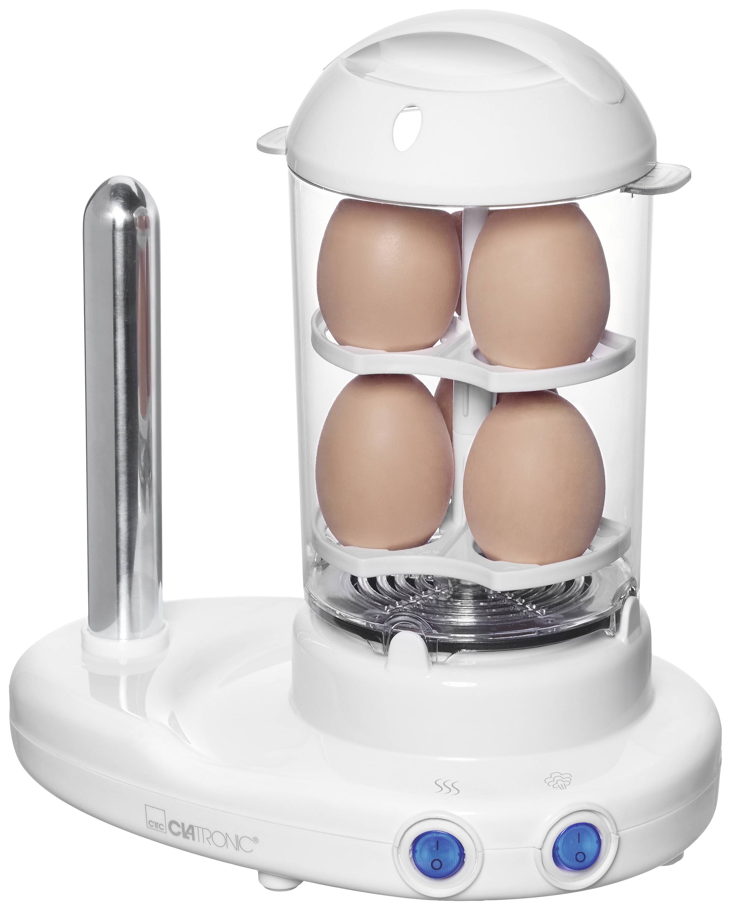 An electric egg cooker with a transparent container, housing six eggs in two tiers. Control buttons located at the front of the device.