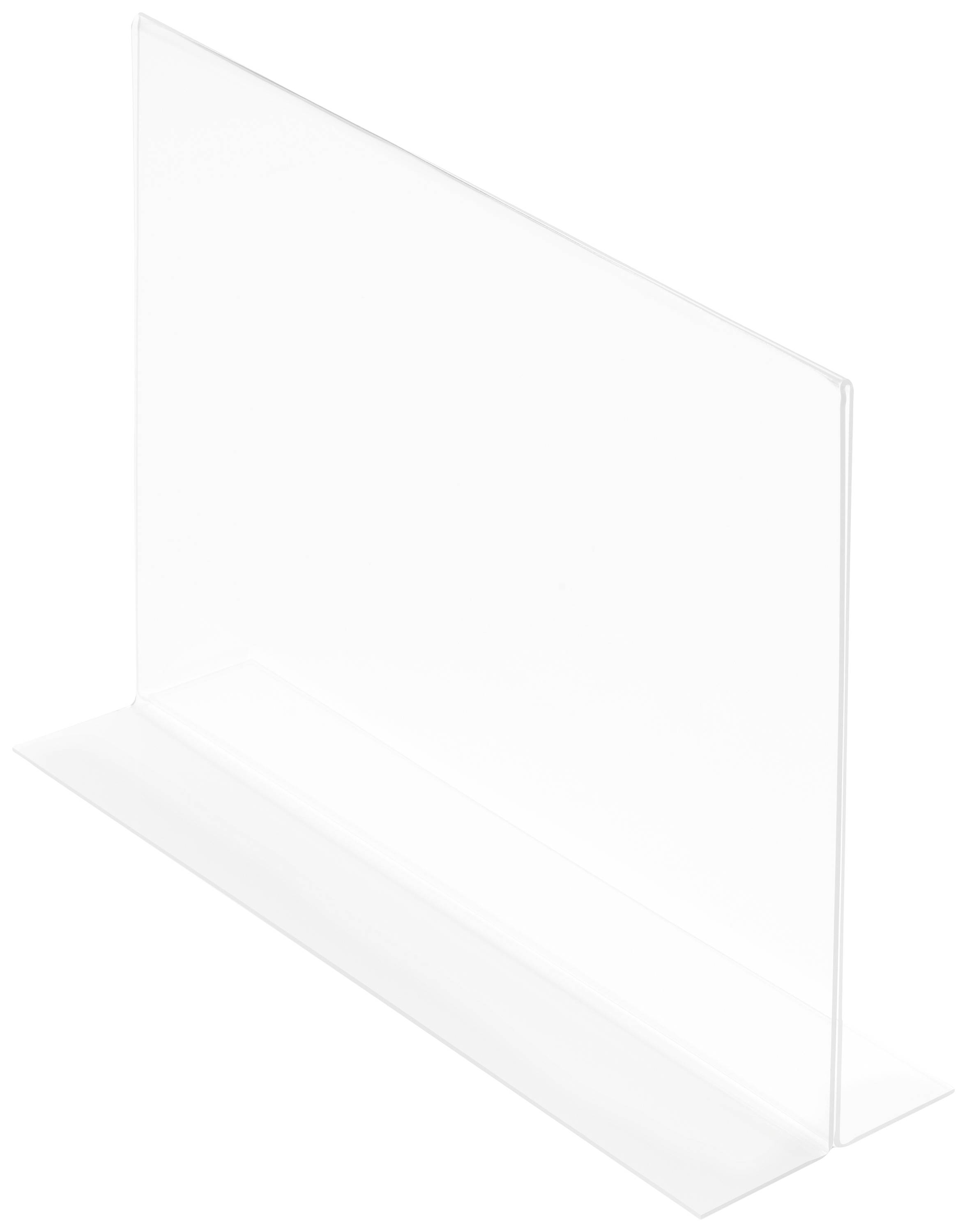 A transparent acrylic L-shaped display stand, suitable for showing papers or signs.