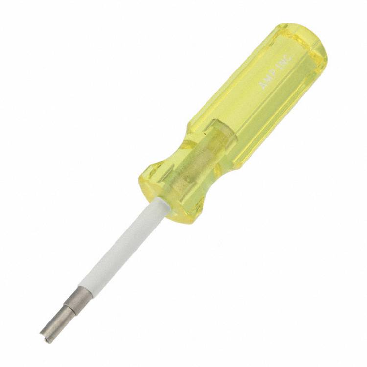 A yellow-handled screwdriver with a thin, white shaft and metal tip, branded 'AMP INC'.