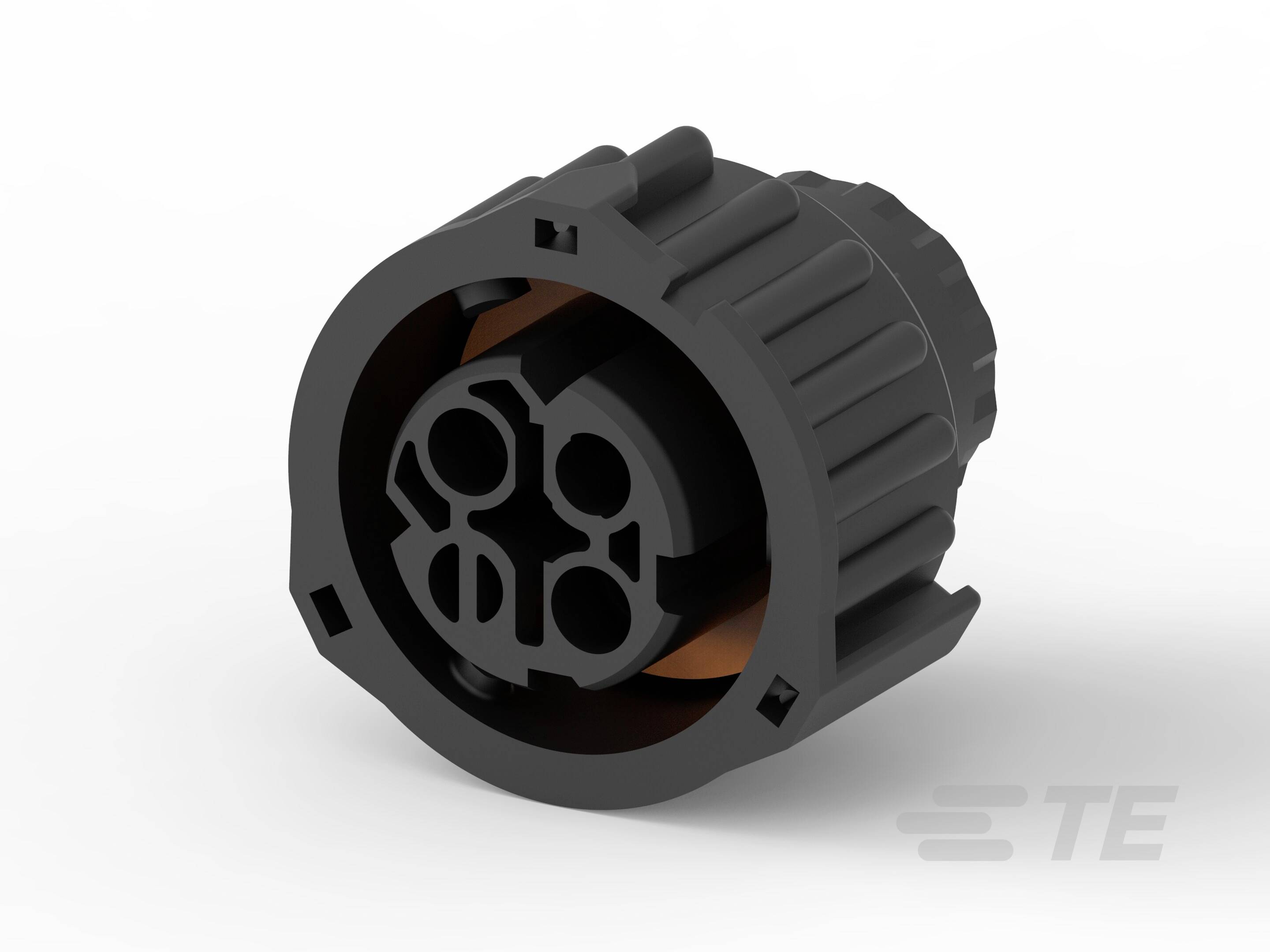 Black, cylindrical electrical plug with multiple pins, front view. White background, no further details visible.