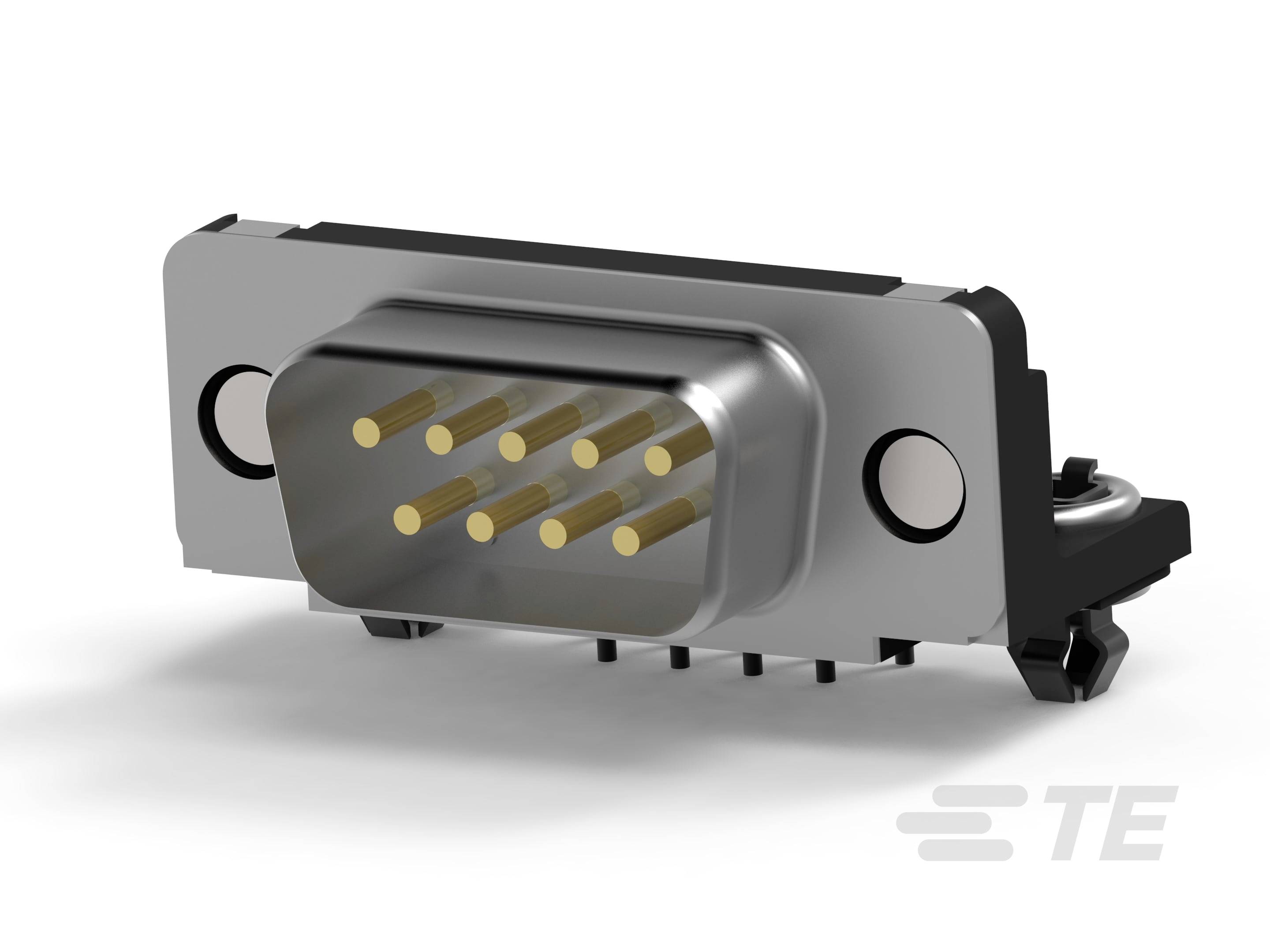 A silver multi-pole connector with yellow contacts, suitable for technical and electronic applications.