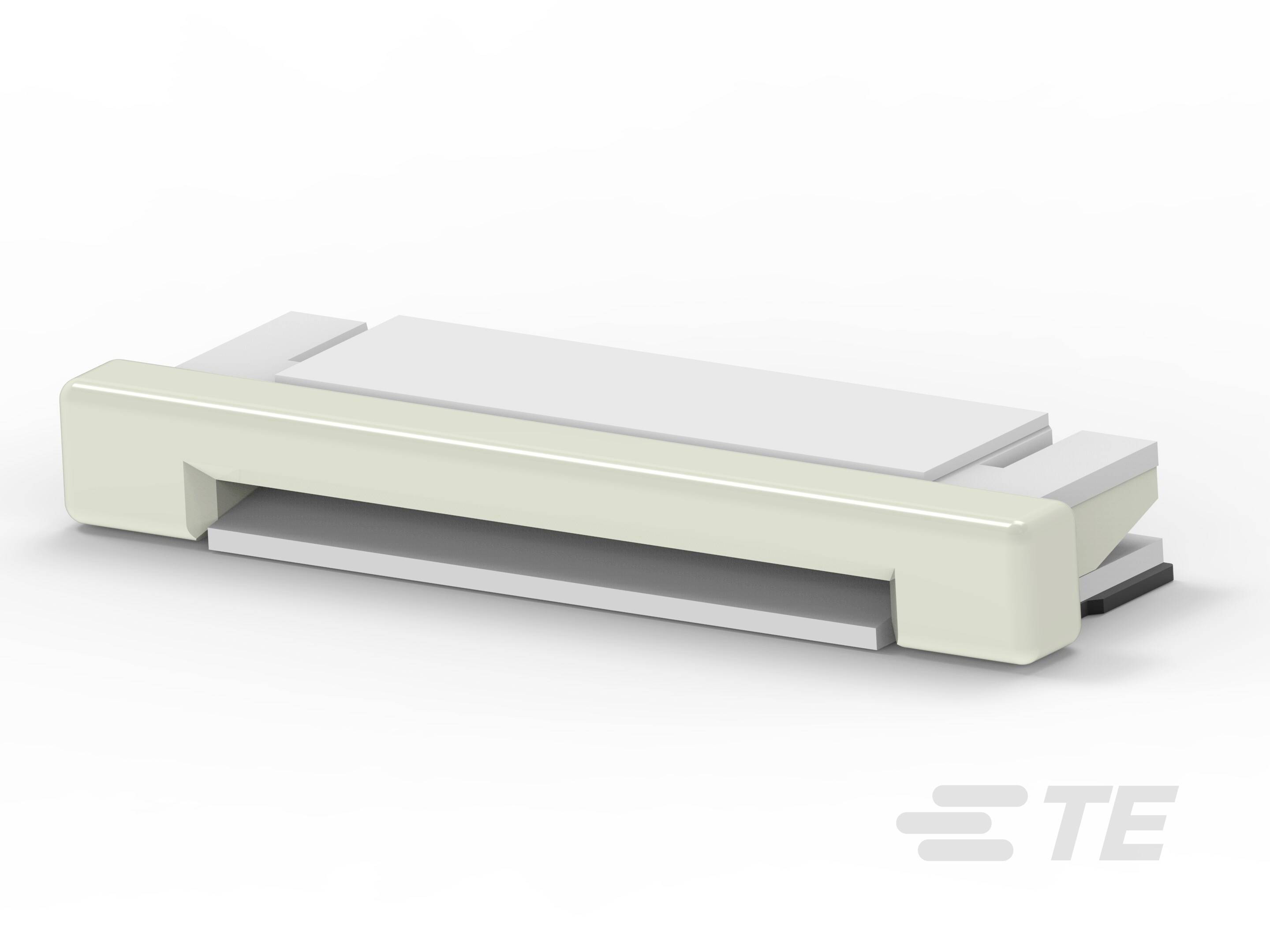 A white electrical connector with a slim design. Suitable for printed circuit boards. Brand logo positioned bottom right.
