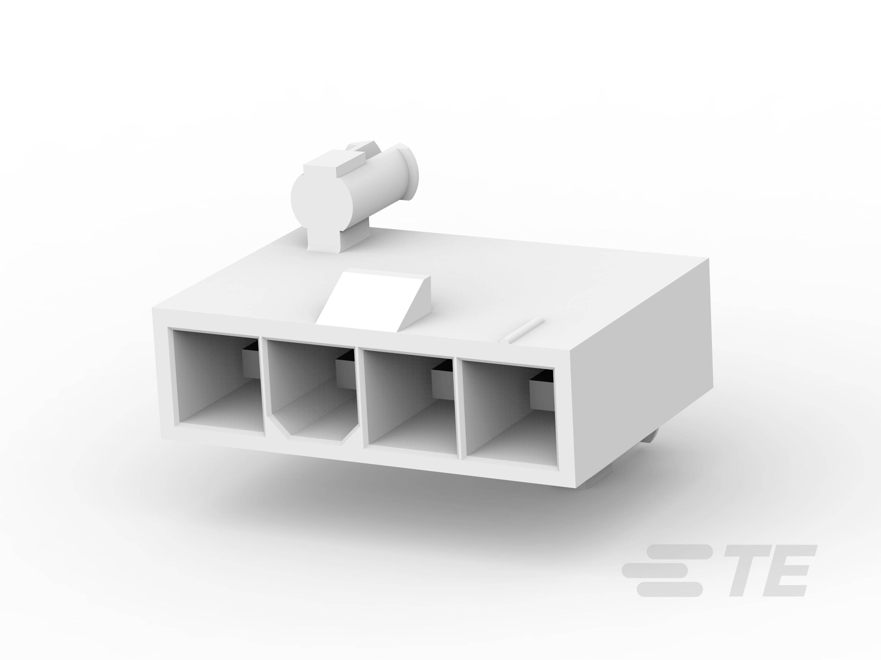 A triple white electrical connector with rectangular openings and a small cylindrical component on top.