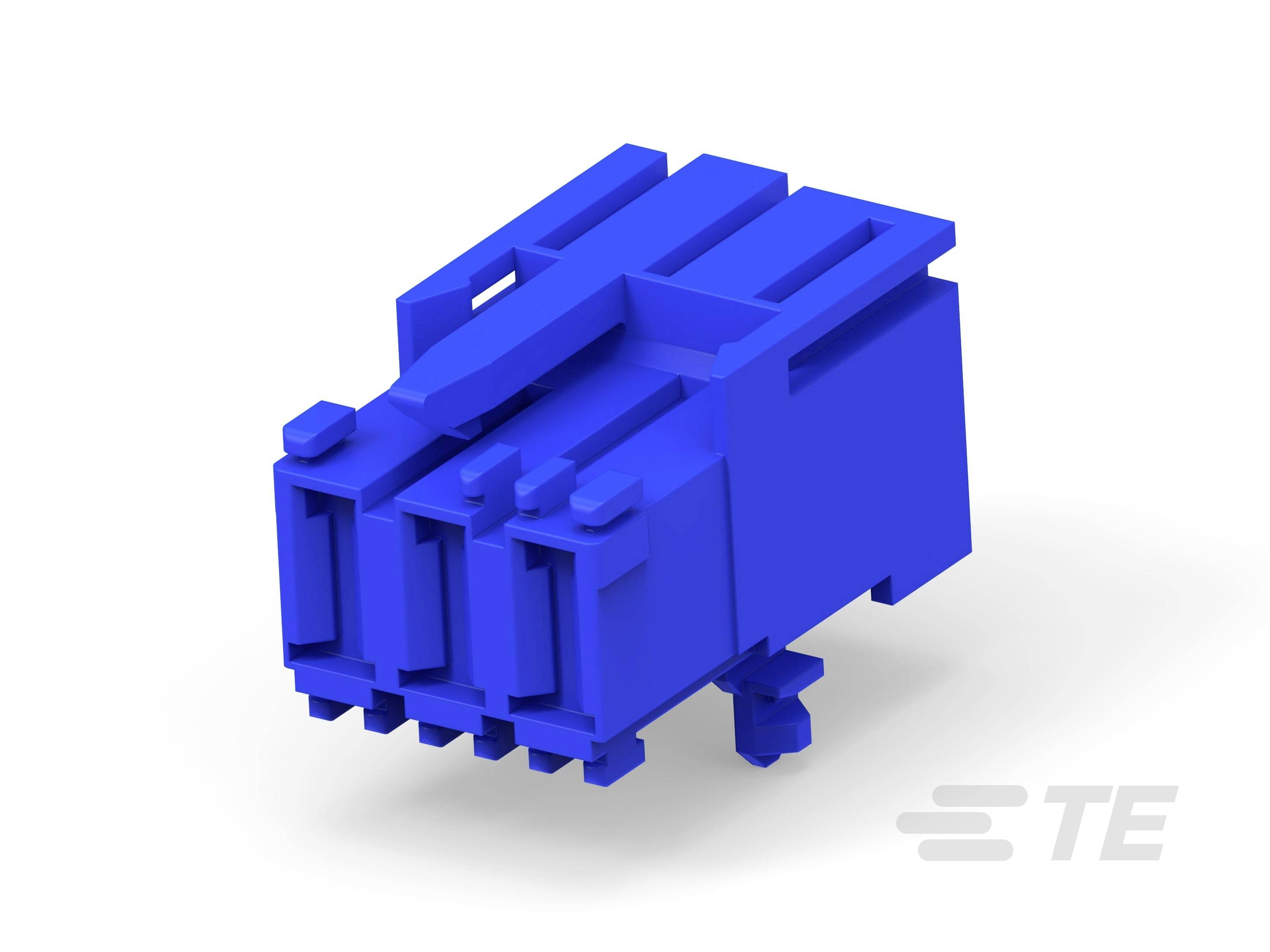Blue electrical multi-pin connector, side view.