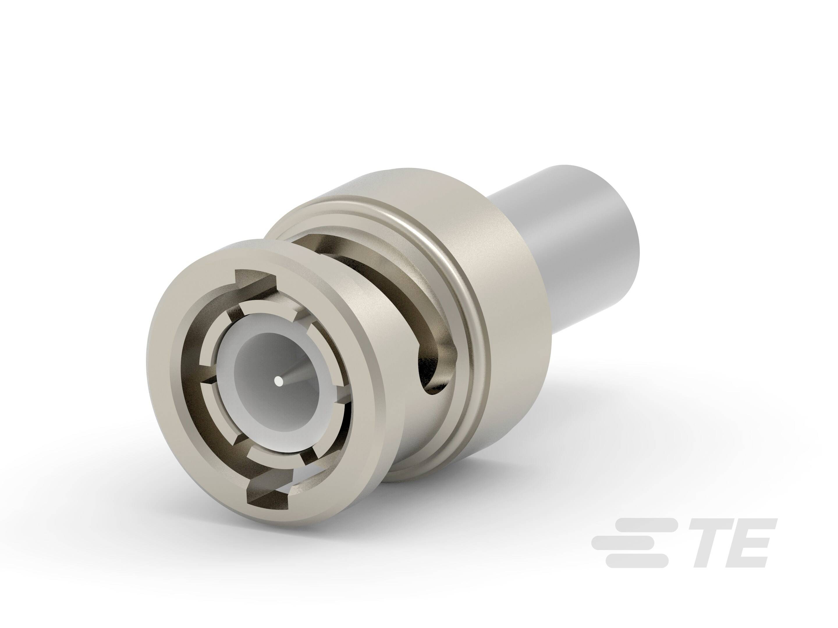 Industrial metal plug with a cylindrical shape and multiple grooves, suitable for electrical connections. 'TE' logo located bottom right.