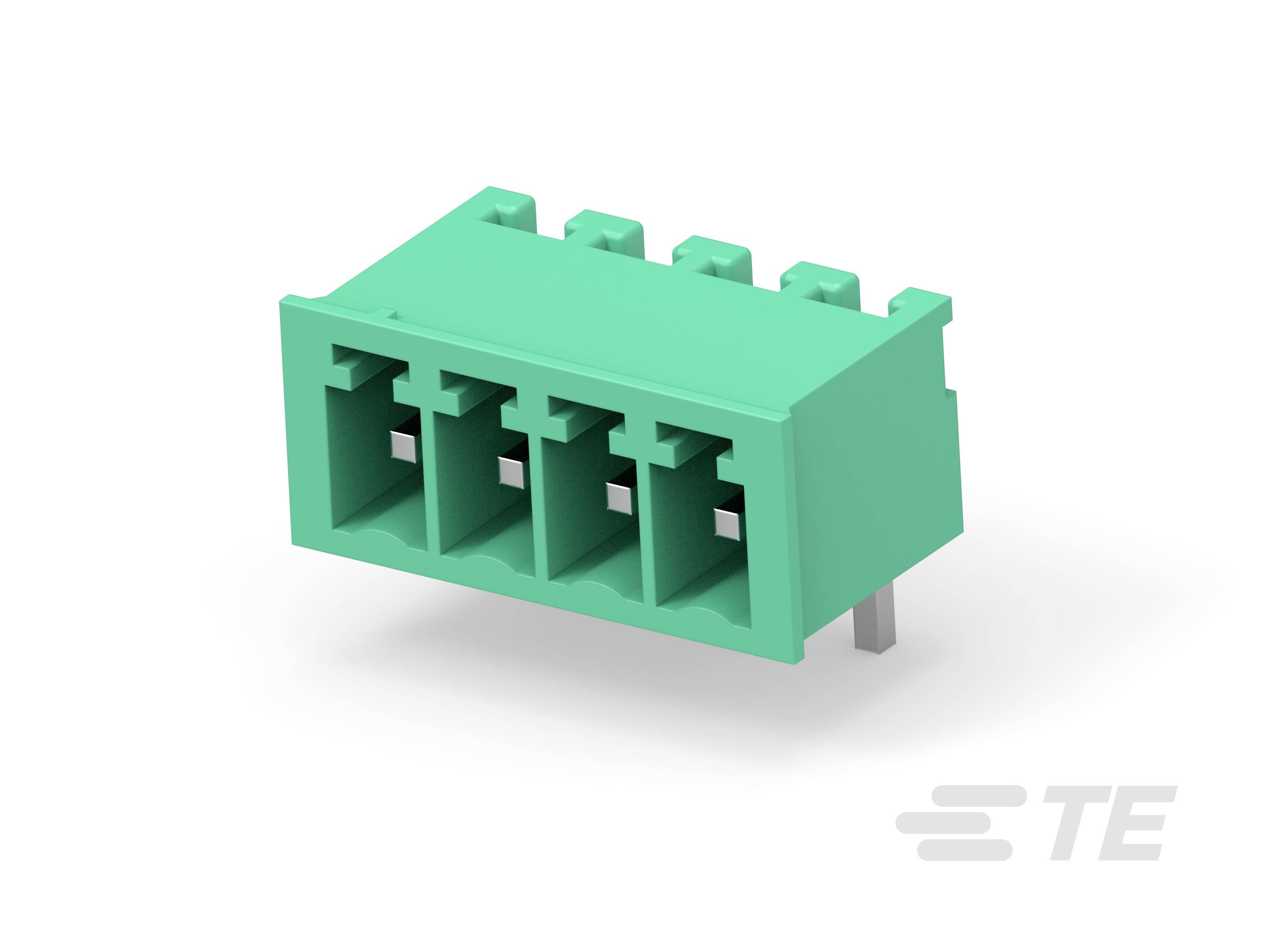 A green electrical connector with four terminals and a rectangular housing, bearing the 'TE' logo.