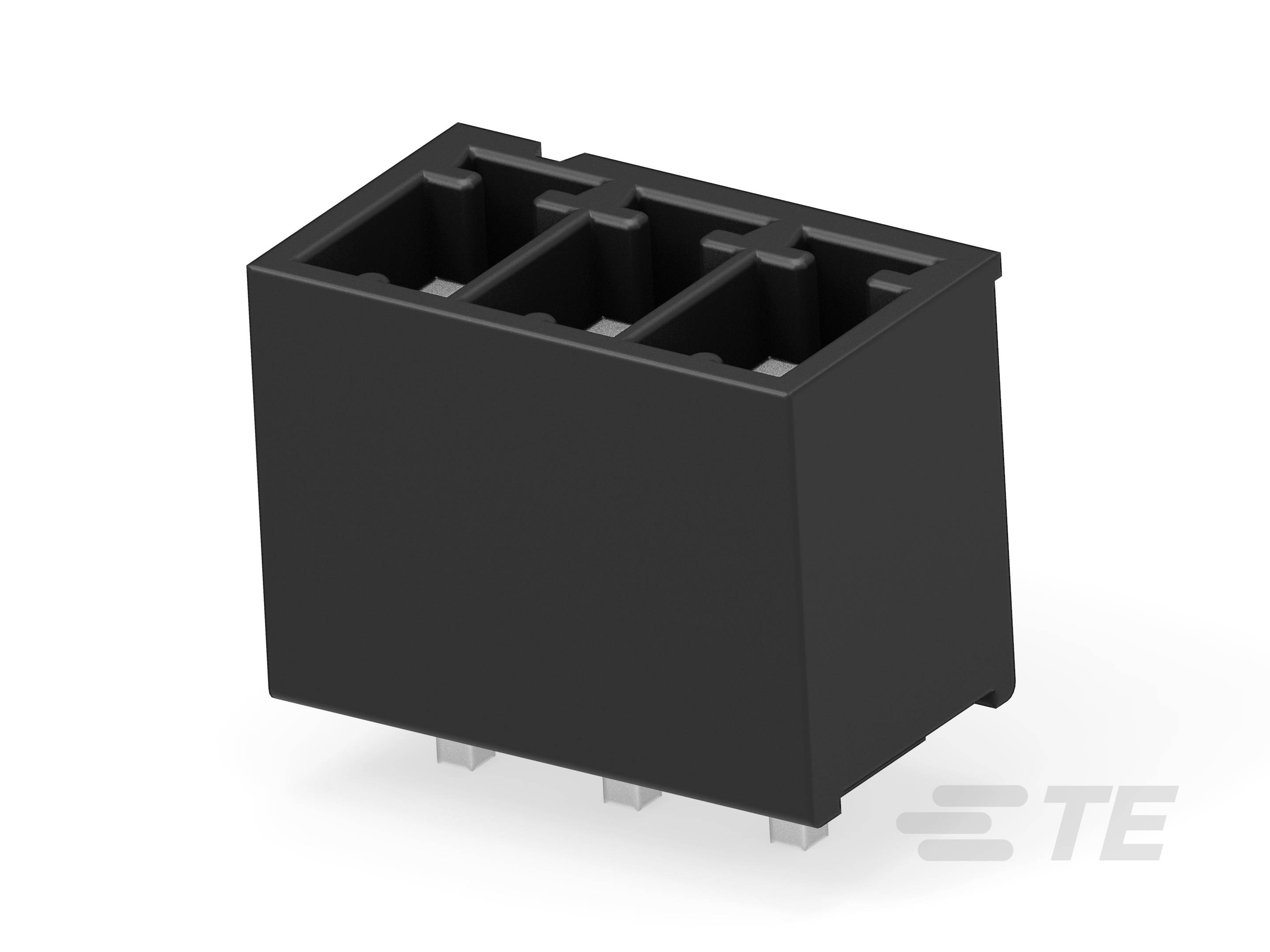 A black plastic plug with four vertical openings, 3x2 arrangement, on a white background. Marked with 'TE'.