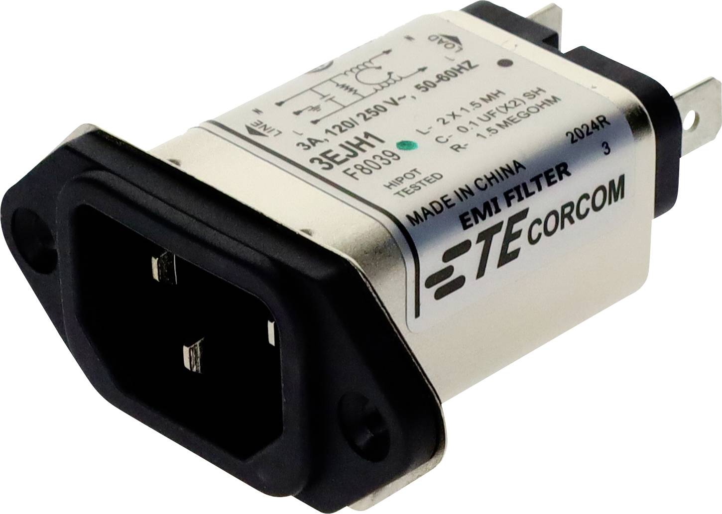 'TE CORCOM EMI filter with 3A, 120/250V rating. Model 3EJ1H. Made in China. Features dual connectors and labeled parameters for electrical use.'