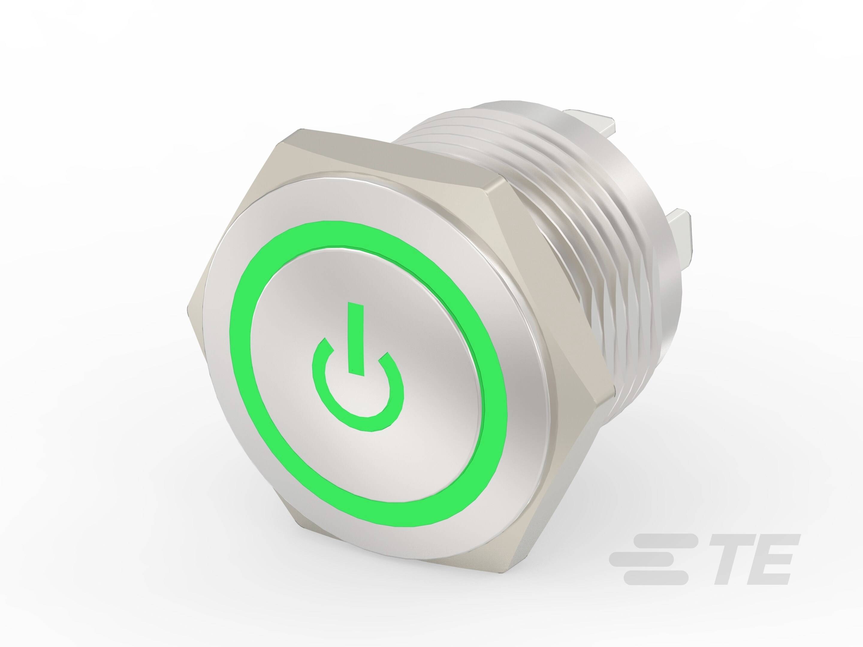 A silver metal button with a green illuminated power symbol in the centre.