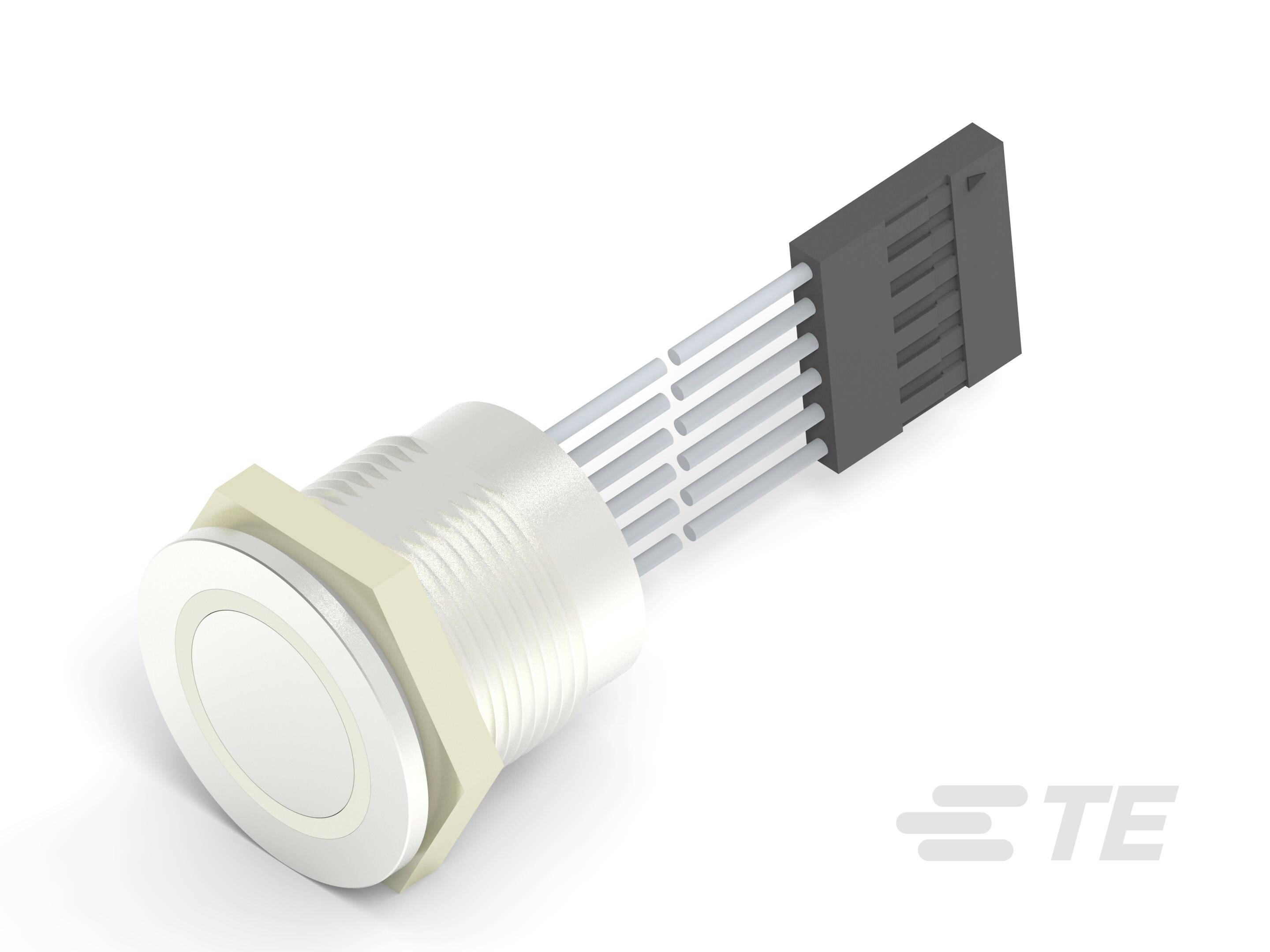 A round, silver push button with multiple connection wires terminating in a black plug.