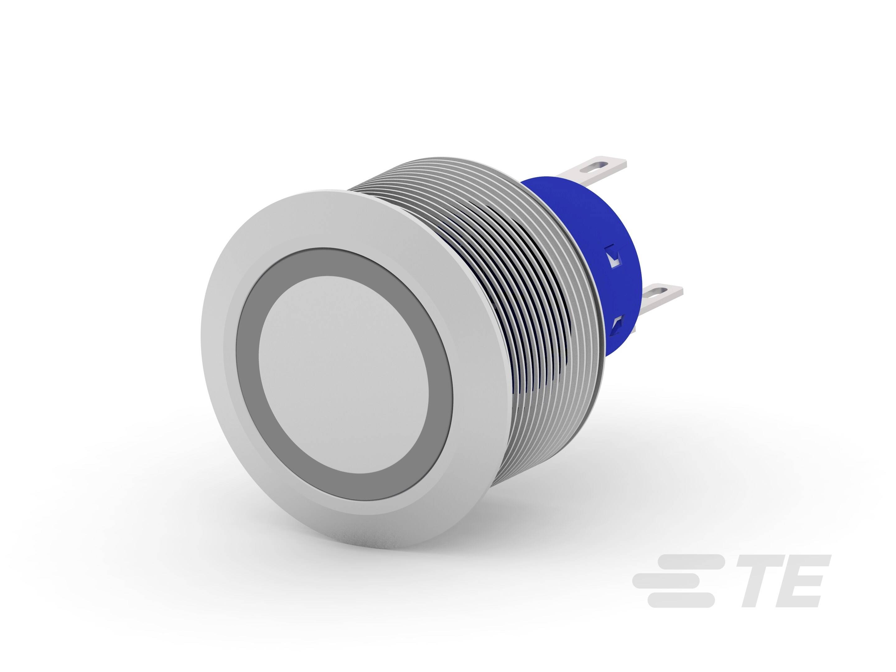 Round, metallic push button with blue housing and two connection pins, suitable for electronic applications.