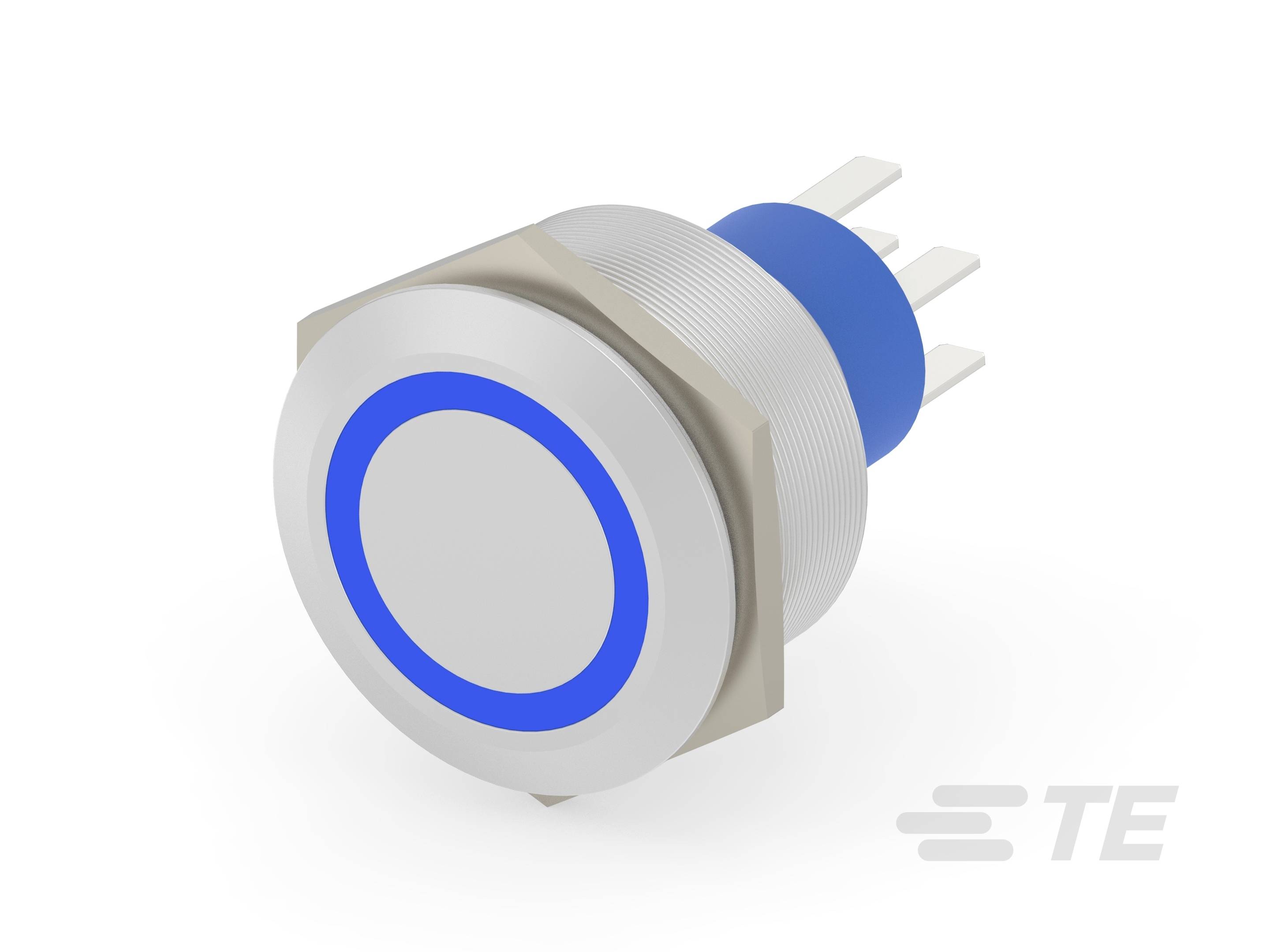 Metal switch with blue illuminated ring, cylindrical shape and three terminal pins, manufactured by TE.