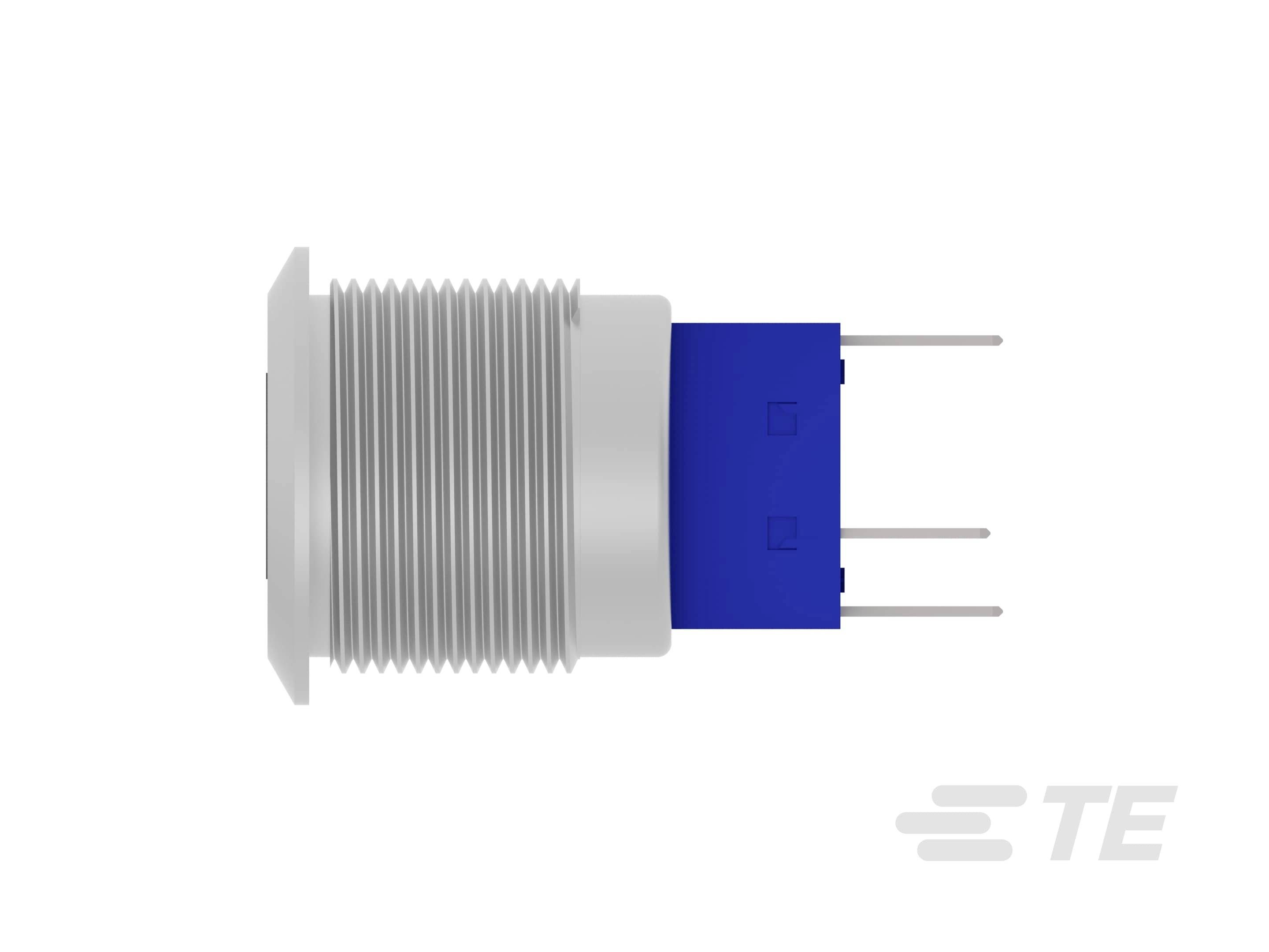 Connector viewed from the side with blue and silver construction. Contains three prominent metal pins for connection.