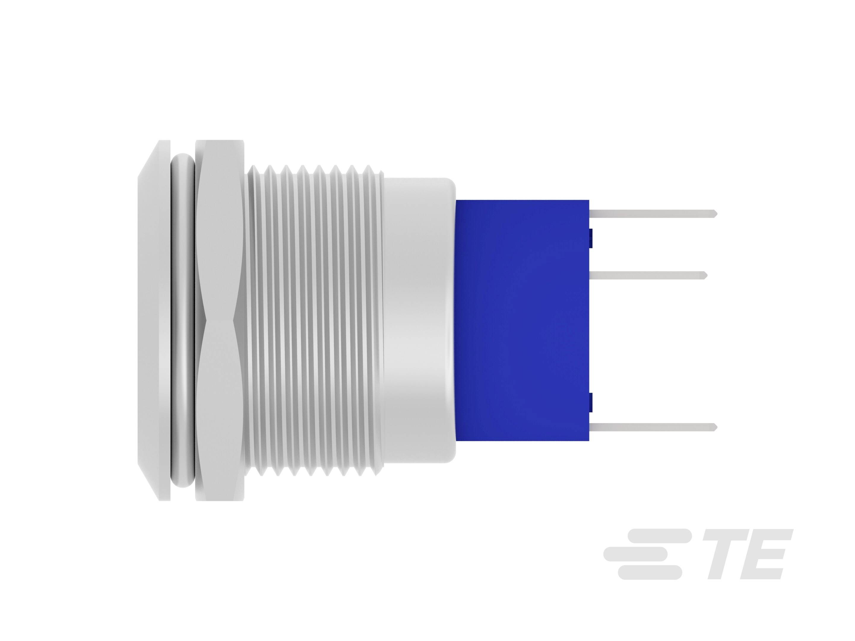 A round blue and white press button with three connection pins, shown from the side. Brand logo bottom right.