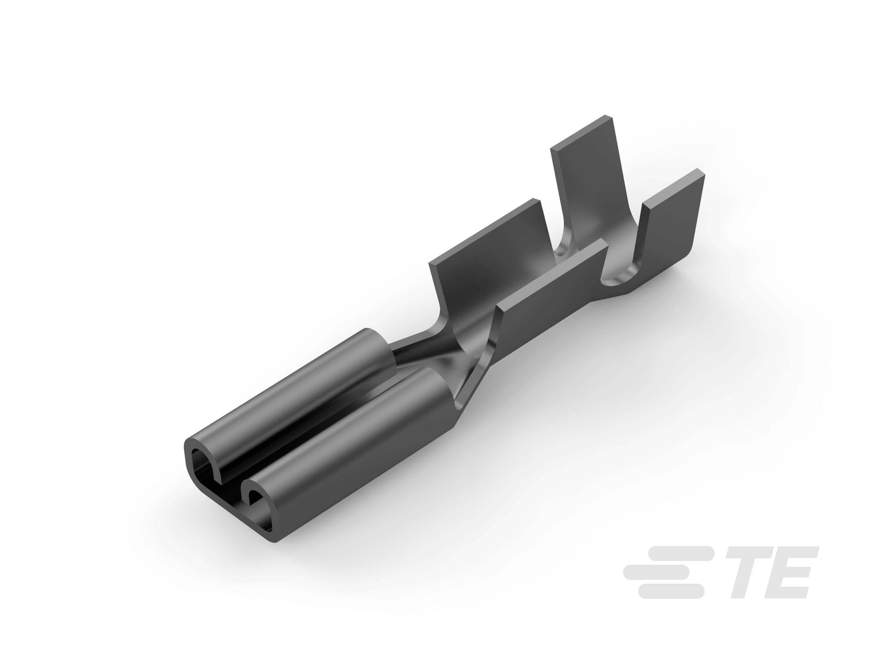 A black, metallic connector with two open ends, on a white background. Logo in the bottom right corner.