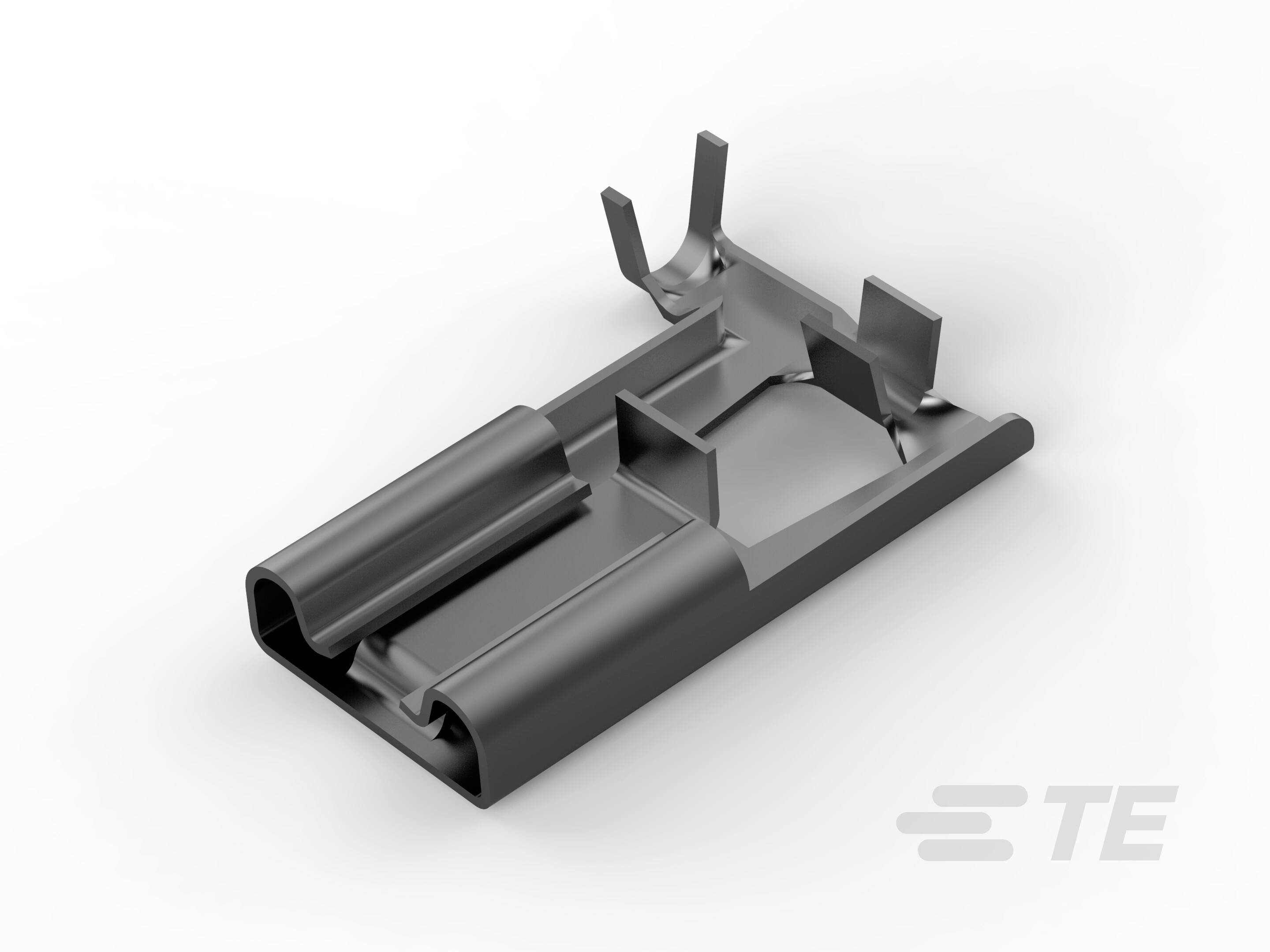 Metal clip with two cylindrical mounting points and a fastening bracket in the centre on a white background.