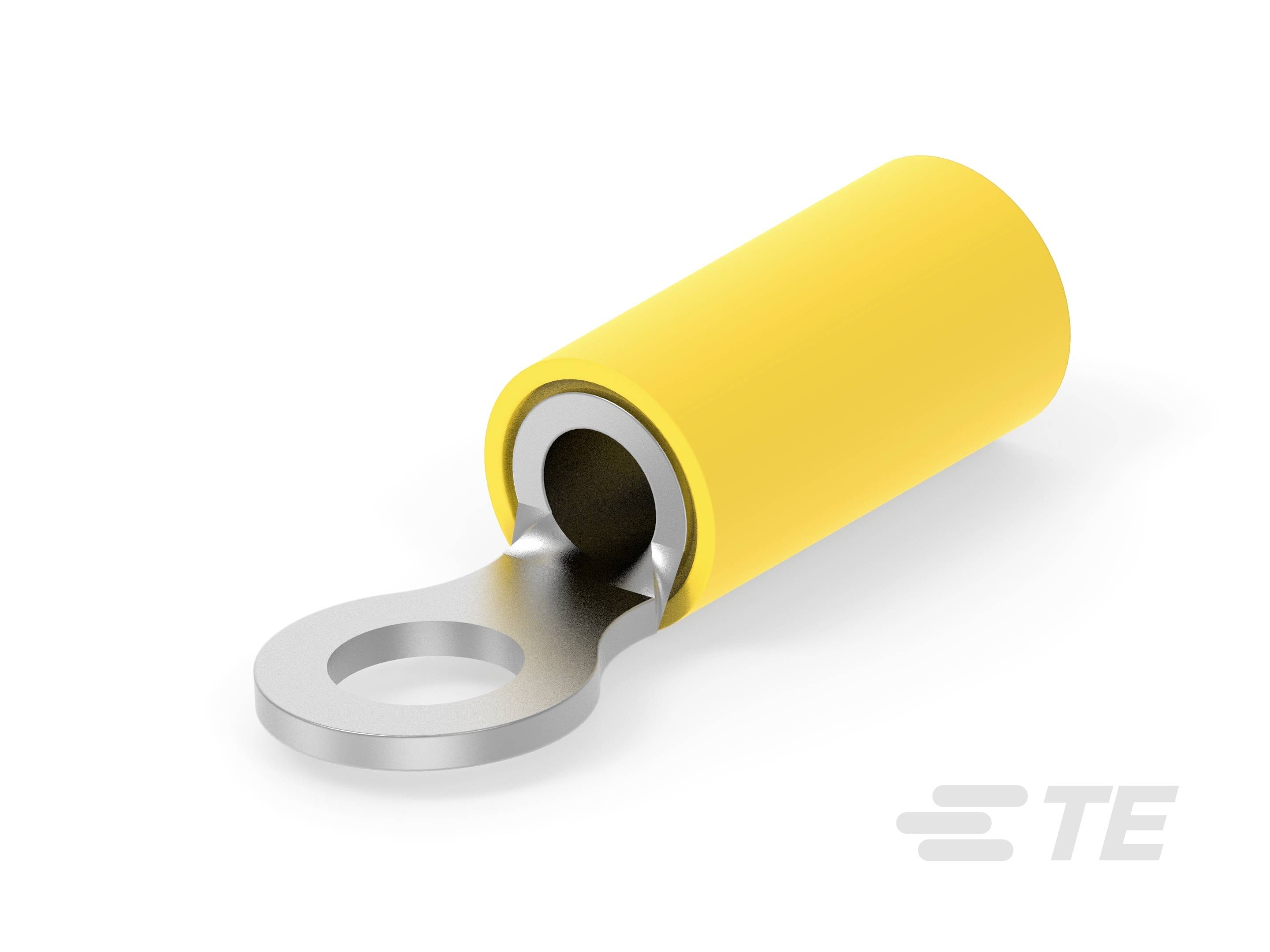 Yellow cable lug with ring terminal, cylindrical shape, metallic ring on the fastening side. Suitable for connecting cables.
