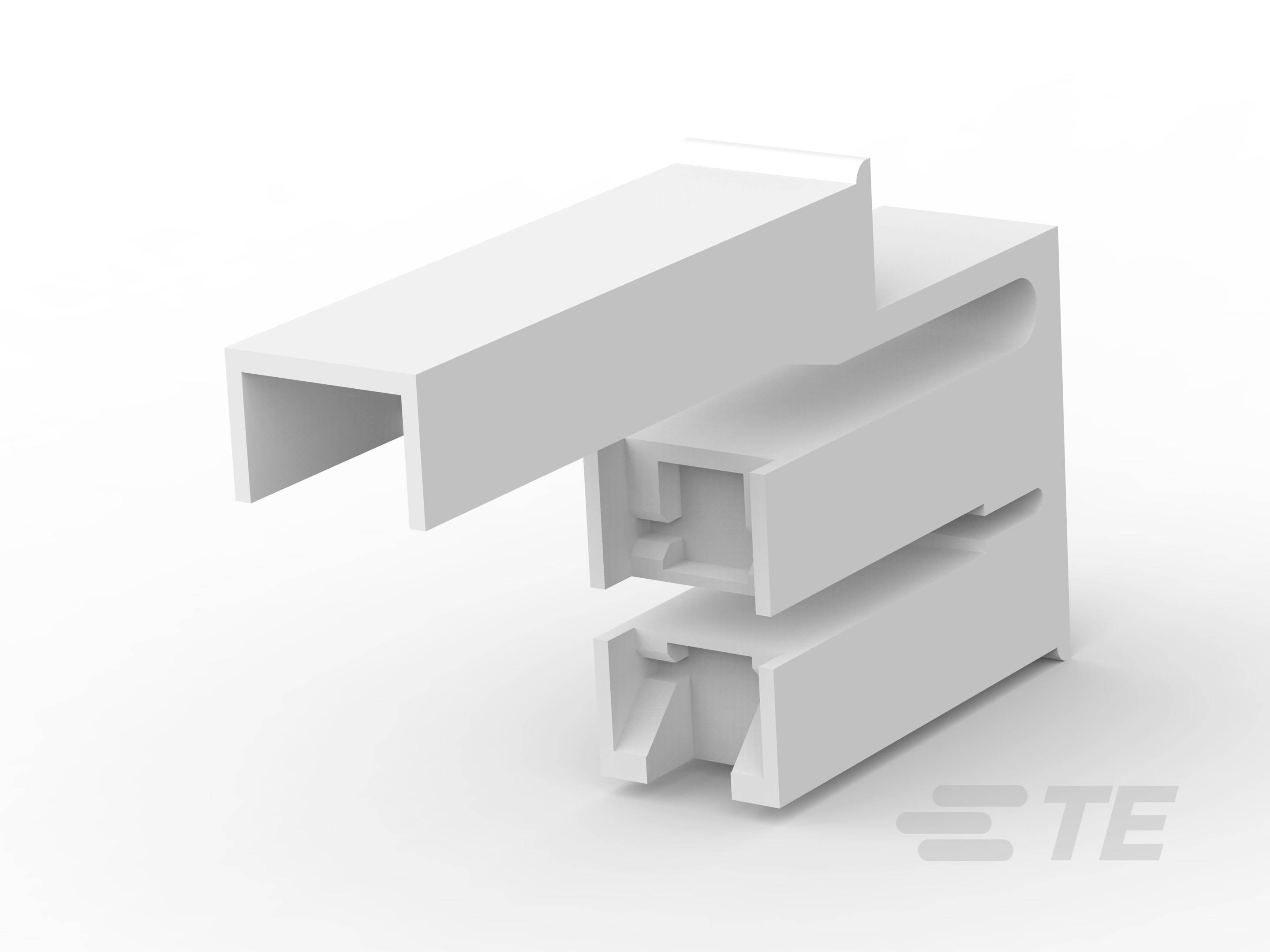 A white, L-shaped plastic profile with two horizontal slots that can serve as a connecting piece or mounting aid.