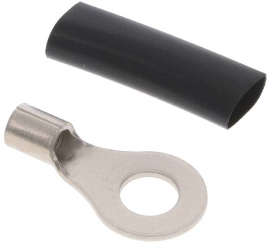 Metal ring terminal with a black heat shrink tube, used for electrical connections.