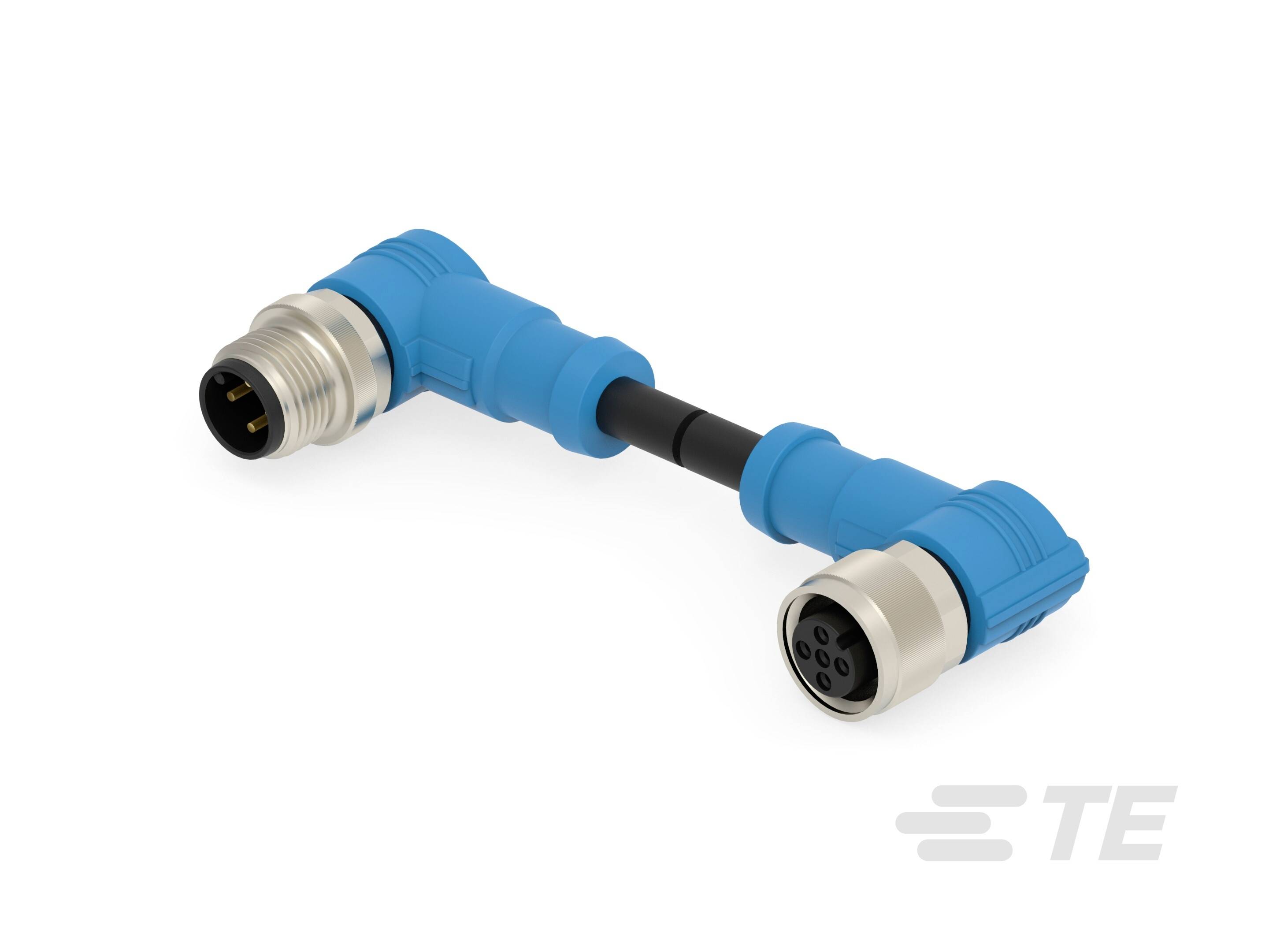 A blue, L-shaped connector with metal ends, showing male and female connection components.