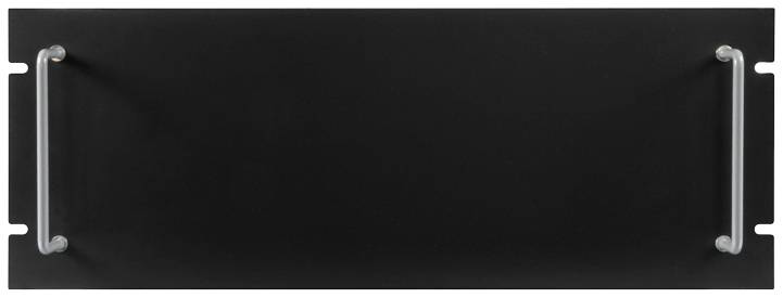 A rectangular, black cover plate with two silver metal handles on each side, designed for mounting in a server rack.