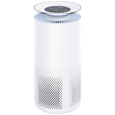 White air purifier with cylindrical design, digital display on top and ventilation slots.
