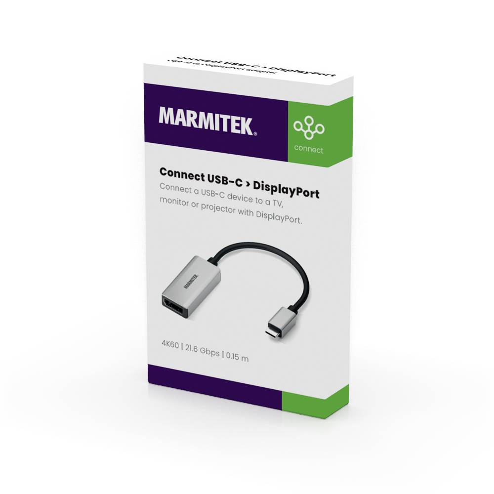 Packaging of a Marmitek USB-C to DisplayPort adapter, supports 4K60, 21.6 Gbps, 0.15 m length.