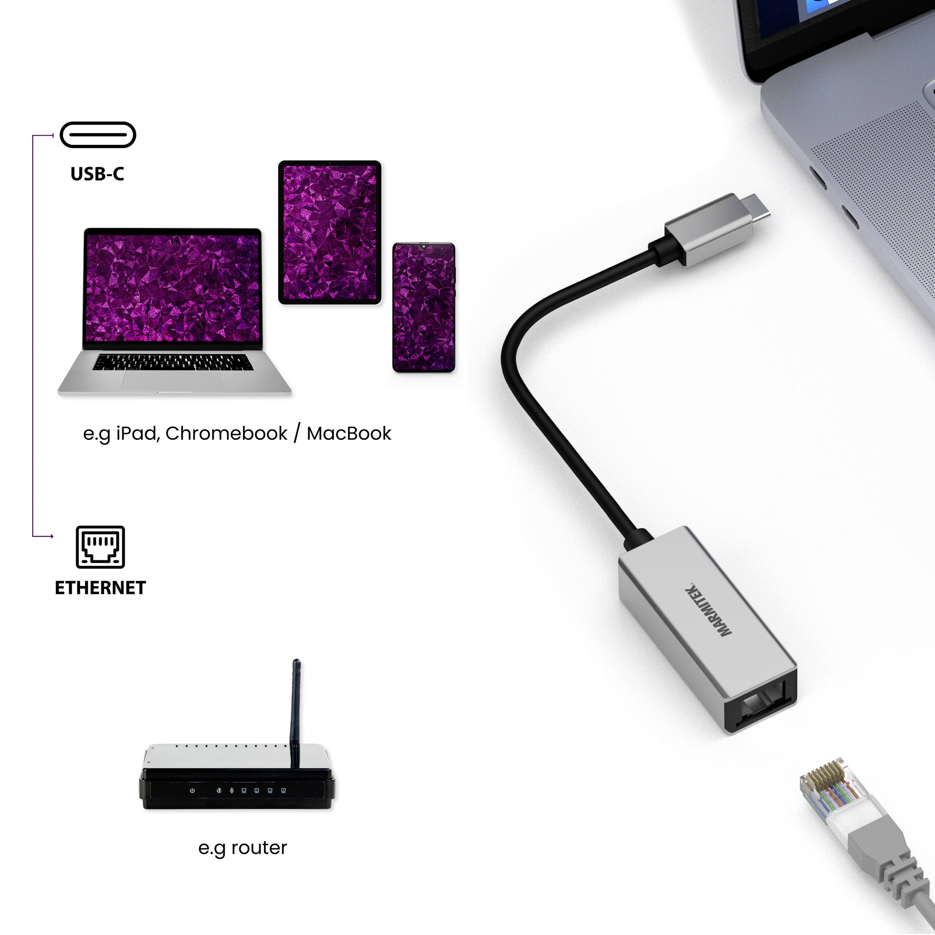 'USB-C to Ethernet Adapter' connects devices such as iPad or MacBook to a router via USB-C for a faster internet connection.