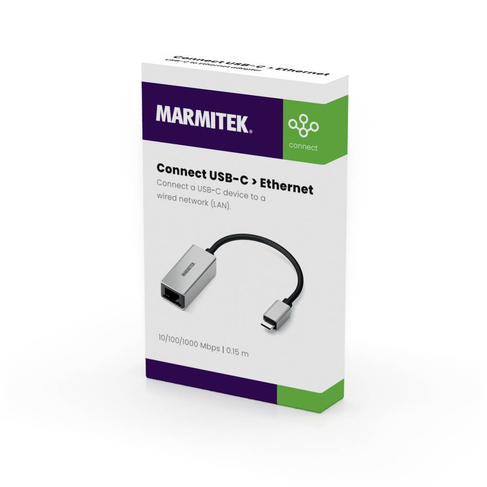Packaging for a Marmitek USB-C to Ethernet Adapter. Text: 'Connect USB-C to Ethernet'. Shows adapter and cable with network connection.