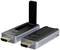Wireless HDMI transmitter and receiver set with black and silver casings. The receiver has an extended antenna.