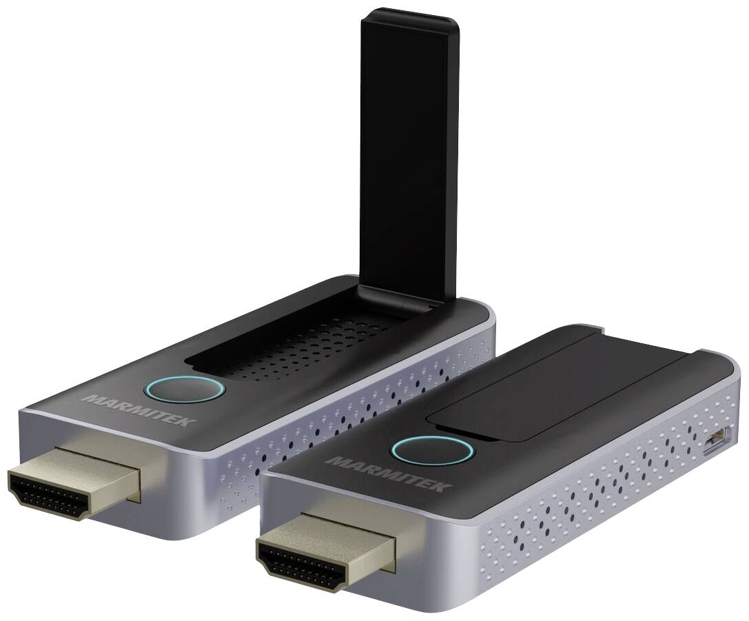 Two wireless HDMI streaming devices, one with an extended antenna section. Ideal for wireless video transmission.