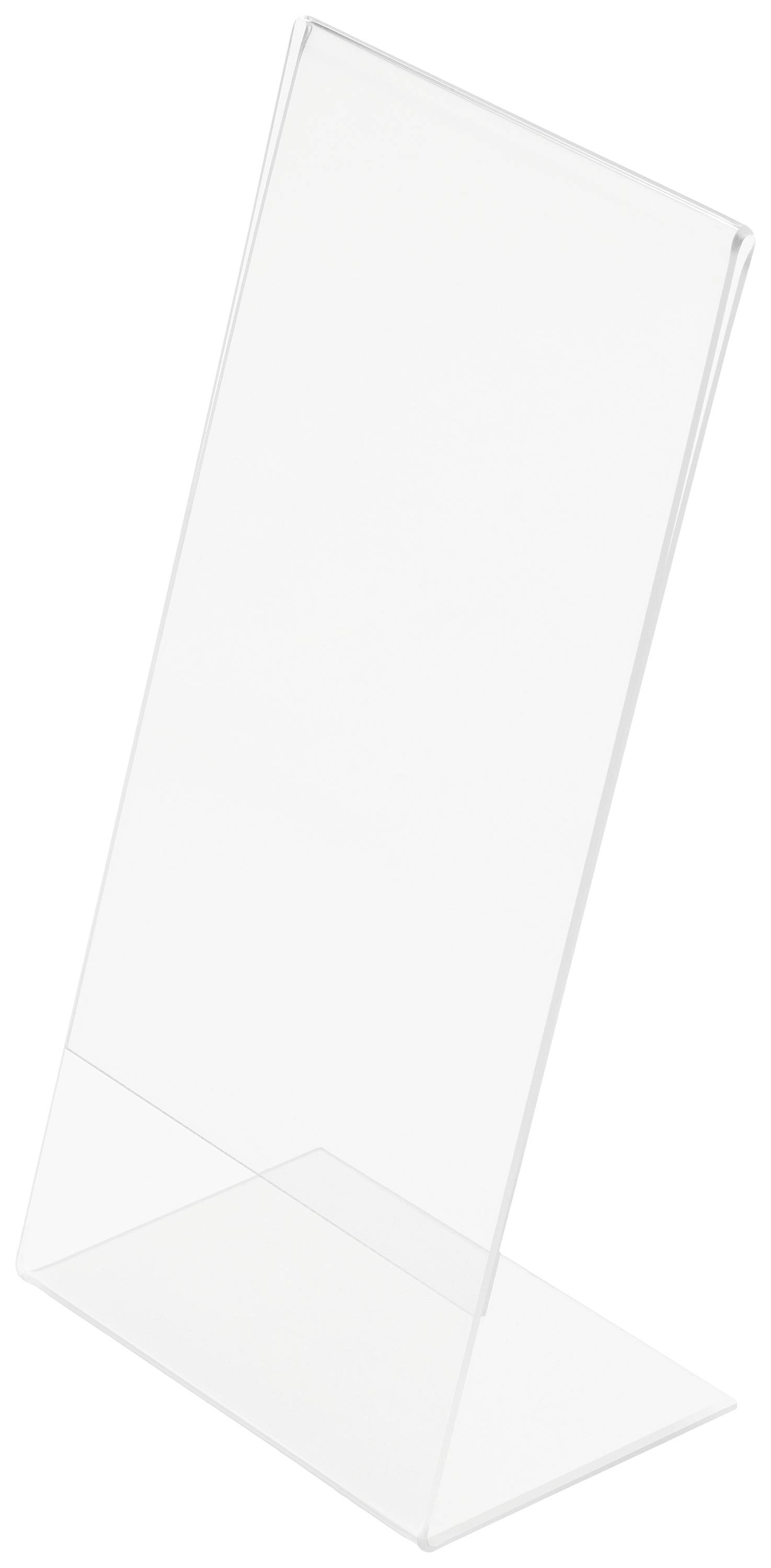 A transparent acrylic display sign holder, angled, with a rectangular shape, stands on a smooth surface.