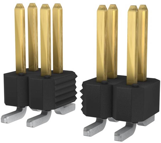 Two black and gold electronic connectors with multiple pins facing upward, standing on metallic legs, designed for circuit board use.