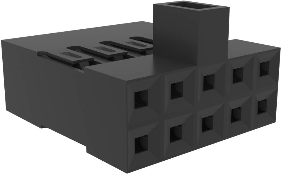 A black, rectangular electronic component connector with multiple square sockets and a protruding top section, likely for electrical connections.