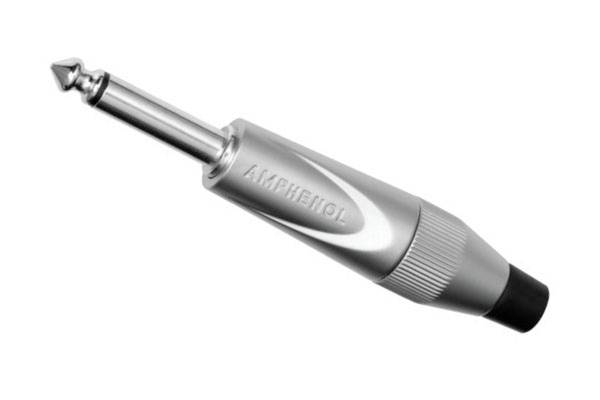 Silver, metallic jack plug with a knurled grip and the brand name 'Amphenol' embossed on the side.