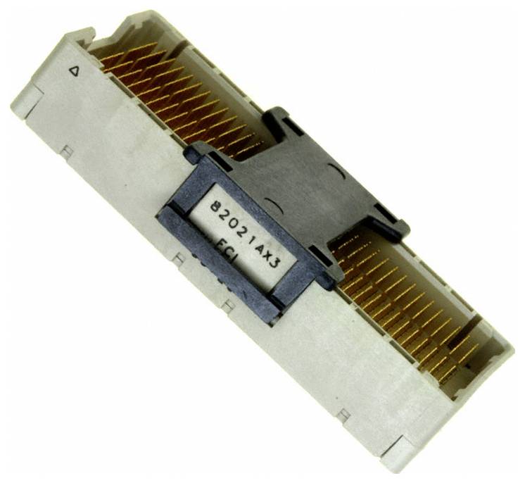 Rectangular electronic connector with multiple gold pins and labeled '82021.AX3 FC1'.