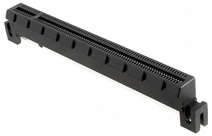 A black PCIe connector with multiple pins, used for connecting add-on cards to a computer's motherboard for expansion and additional capabilities.